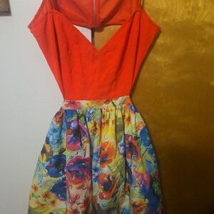 Vibrant Floral Dress with Red Bodice